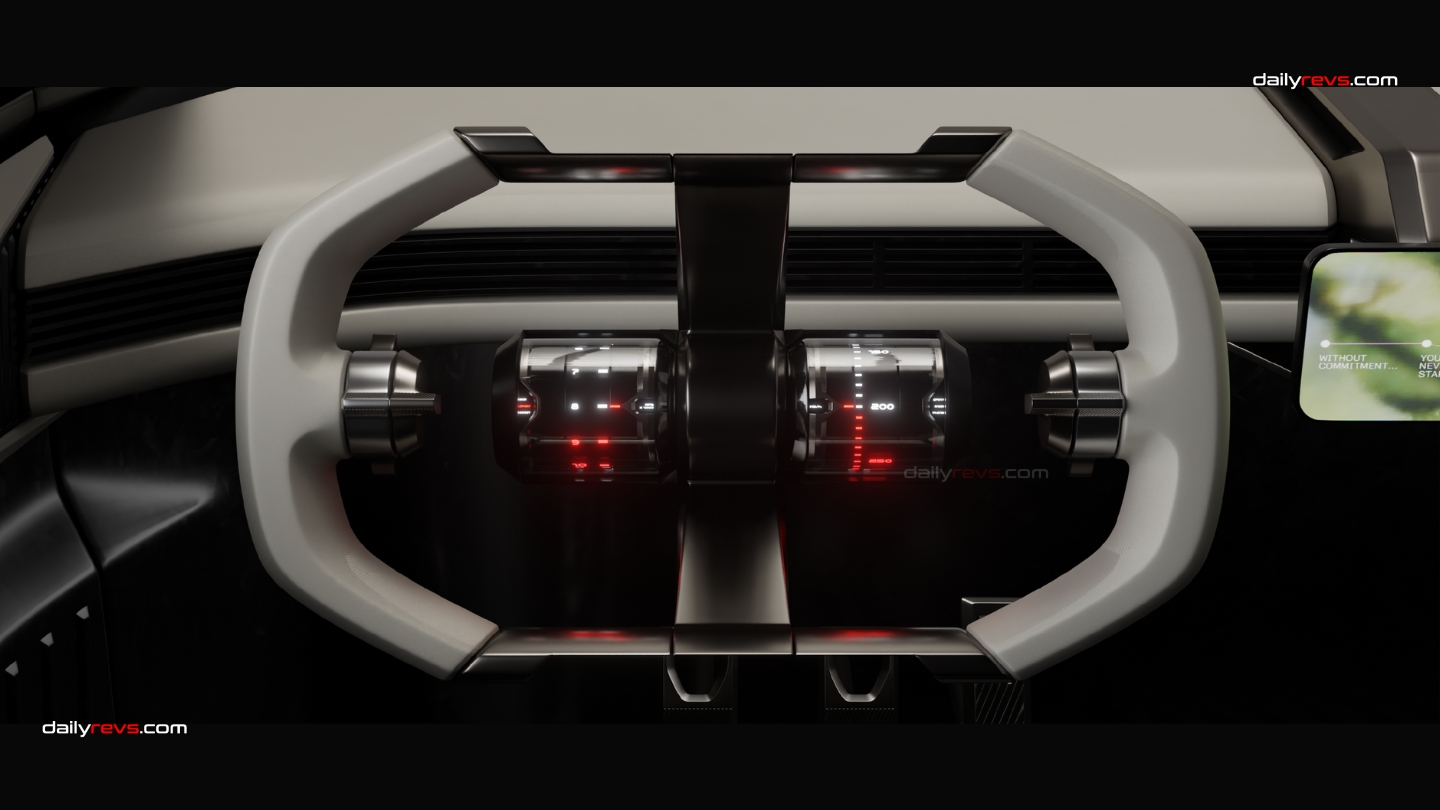 MARK 00 GT GRANITE sports car steering wheel by Marco Basile with cylindrical digital instruments and integrated physical controls