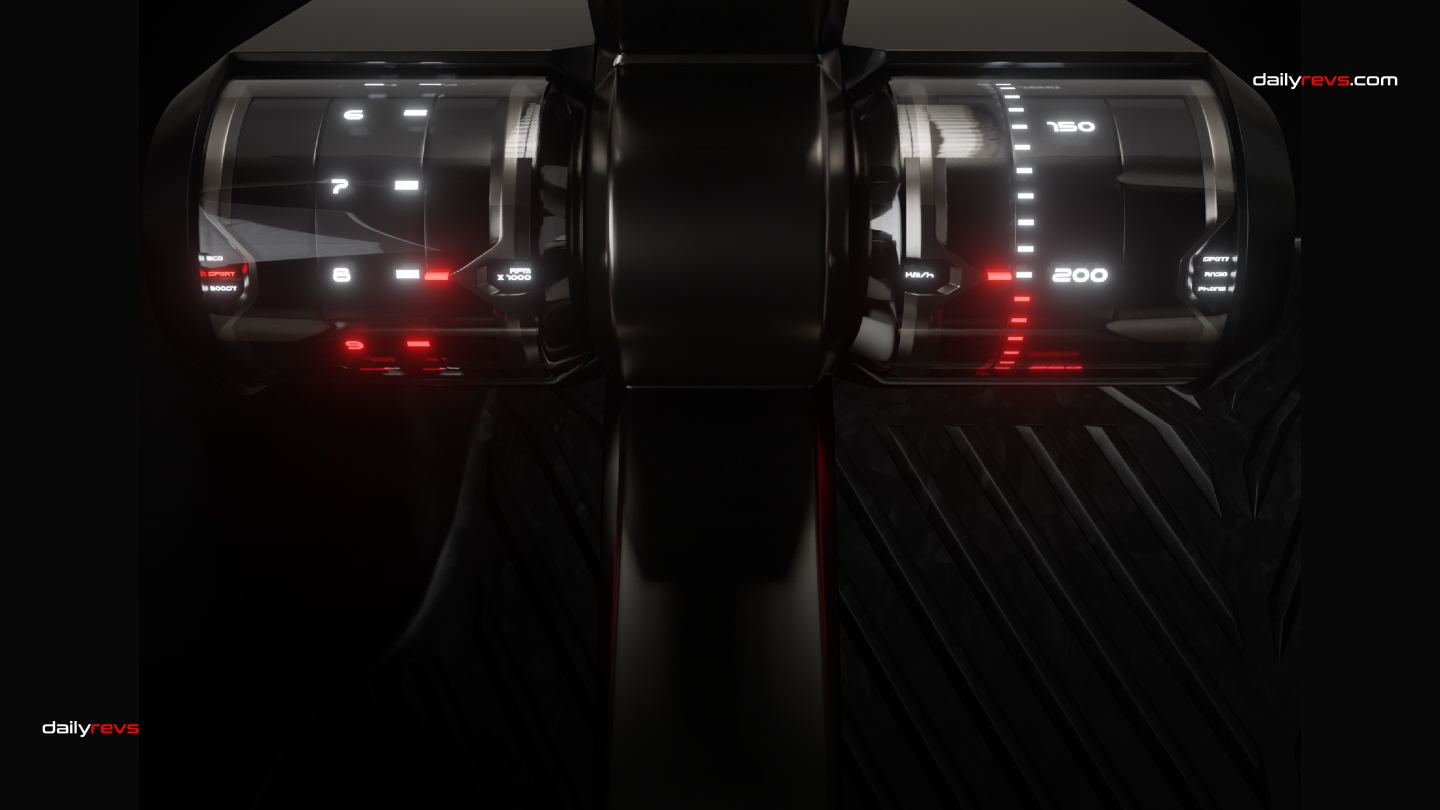 MARK 00 GT GRANITE sports car cockpit by Marco Basile with twin cylindrical digital instruments for the tachometer and speedometer
