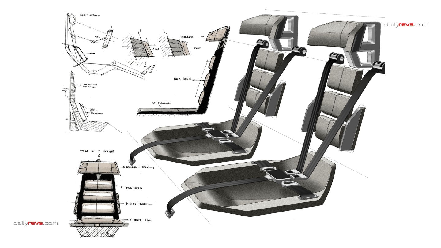 MARK 00 GT GRANITE sports car seat design sketches by Marco Basile showing lightweight structure, segmented padding and multi point racing harnesses