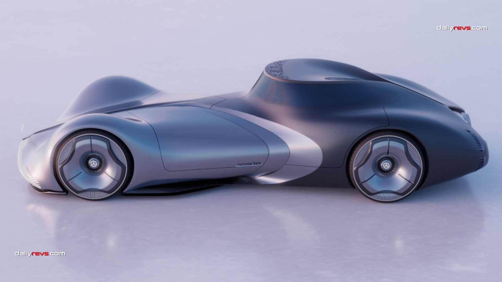 Title: Mercedes Benz MODERN Concept by Hyungjoon Kim Side Profile Alt text: Side profile of Hyungjoon Kim's Mercedes Benz MODERN Art Deco concept, showing its sculpted silver front bodywork, dark enclosed cockpit and aerodynamic wheel covers.