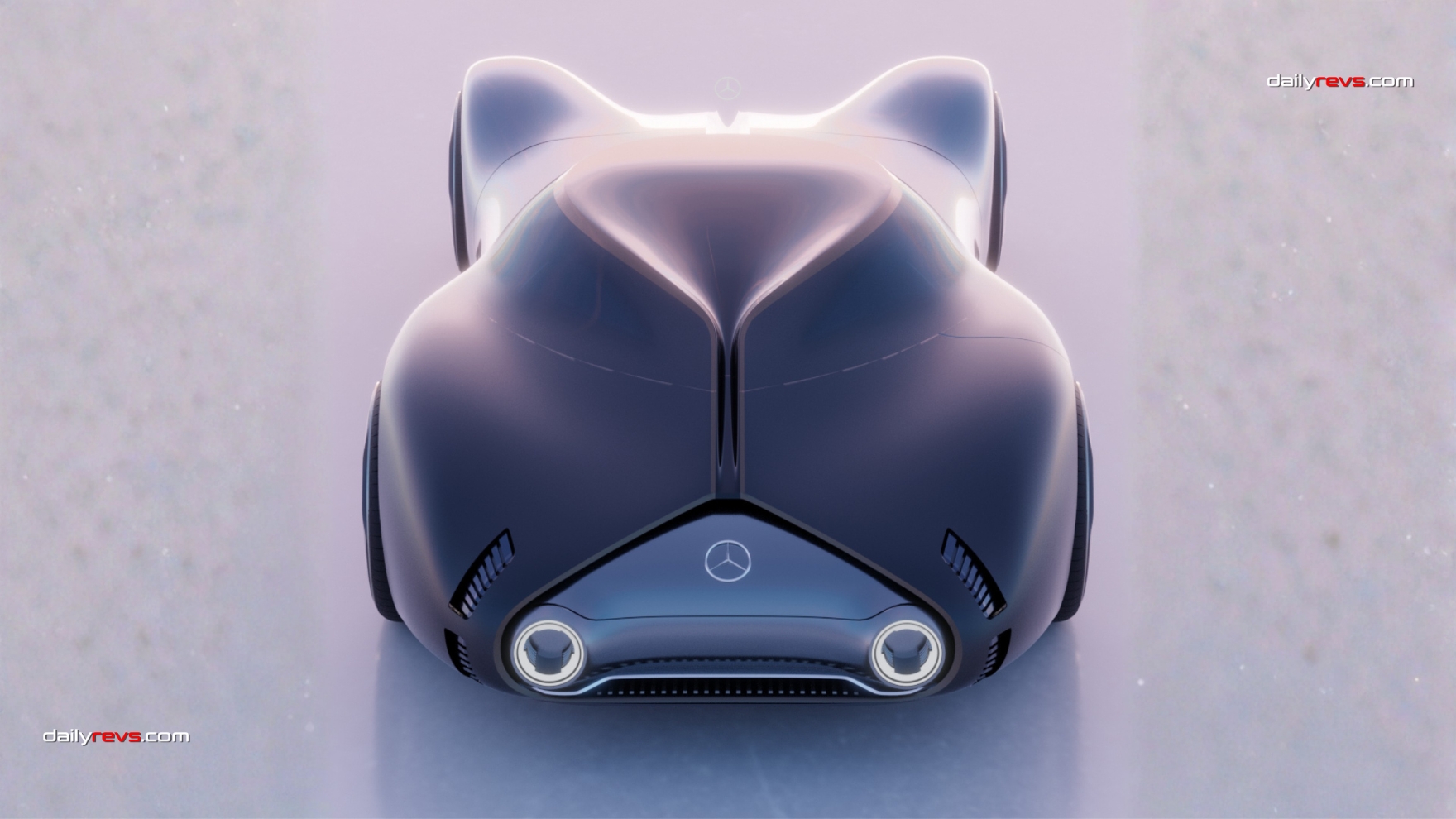 Direct rear view of the Mercedes Benz MODERN concept featuring two circular taillights, a central Mercedes emblem, sculpted rear bodywork and small ventilation openings.