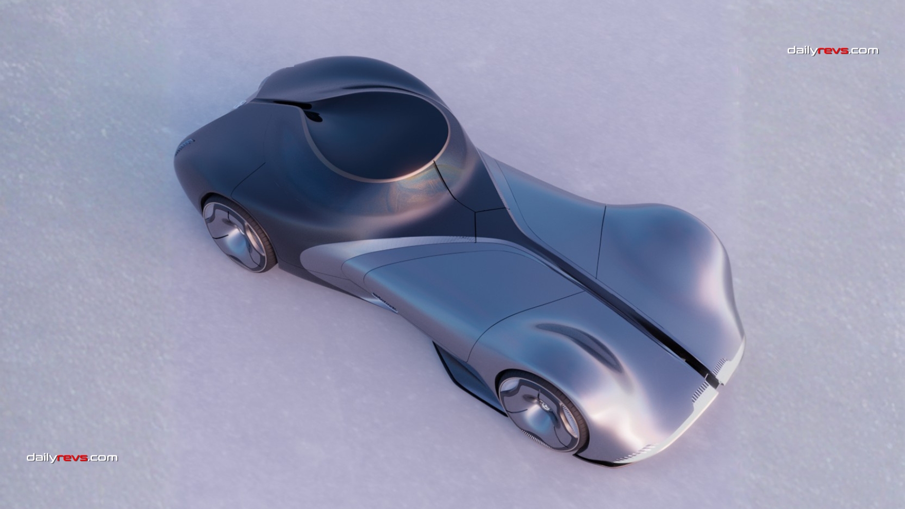 Elevated front three quarter view of Hyungjoon Kim's Mercedes Benz MODERN Art Deco concept, showing its long sculpted bonnet, enclosed cockpit and rounded fenders.