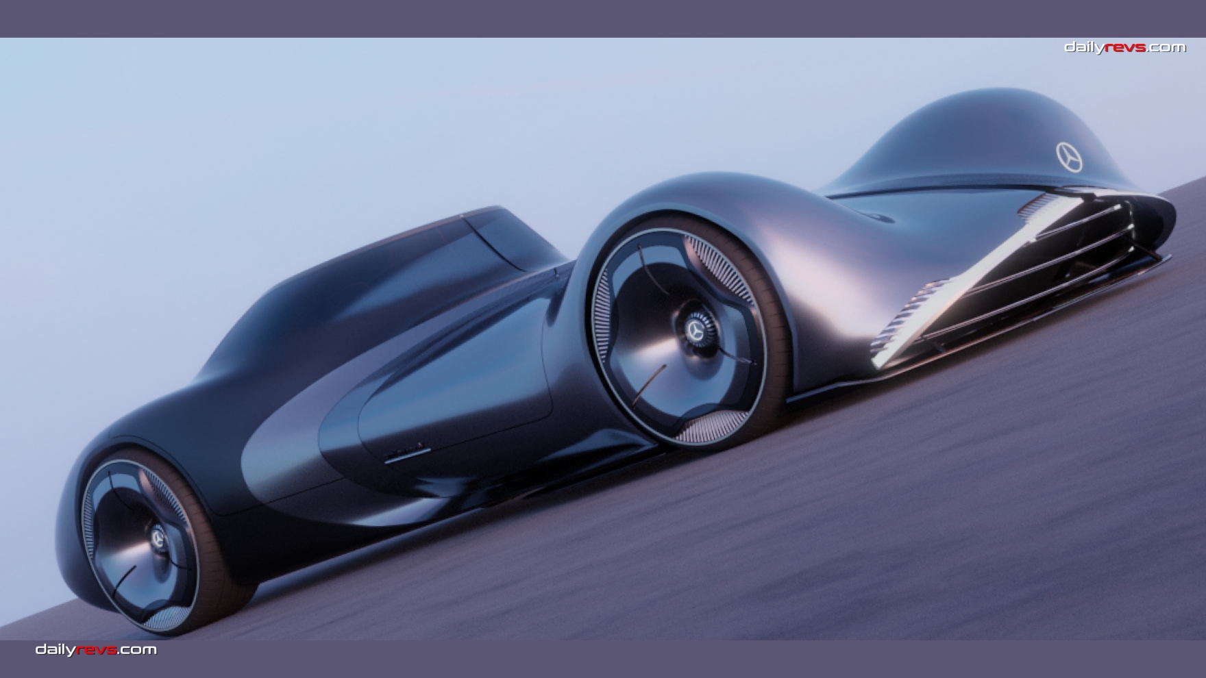 Two renders of Hyungjoon Kim's Mercedes Benz MODERN concept showing the illuminated front fascia, sculpted wheel arches, streamlined body and rounded rear styling.
