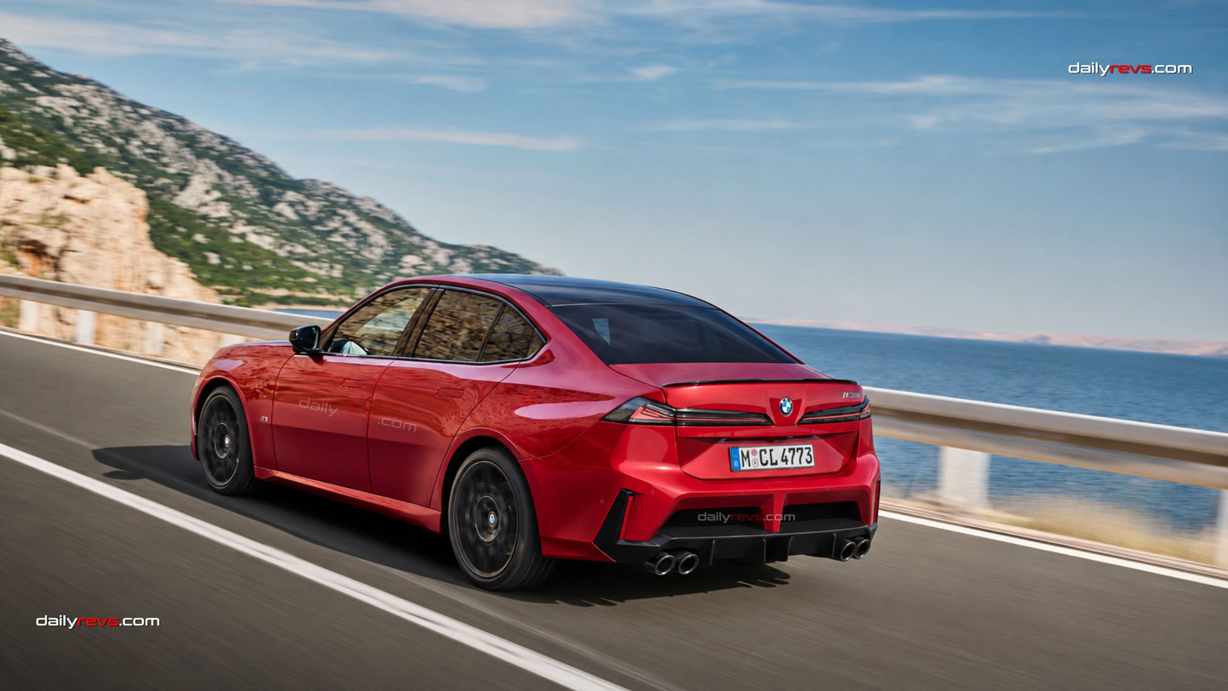 Red BMW M3 design study on a coastal road, showing a concept-inspired rear bumper, black diffuser and four exhaust tips.