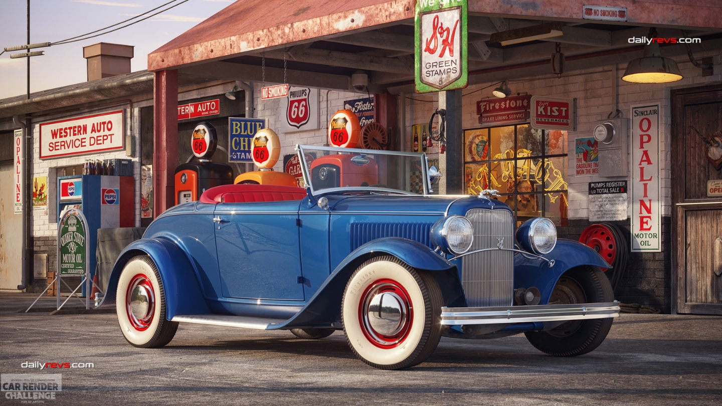 Nostalgia by Ehsan Darvishi – Classic Ford Hot Rod at Vintage Gas Station Blue 1930s Ford hot rod convertible with red seats and whitewall tires parked outside a vintage American service station featuring Phillips 66 signs.