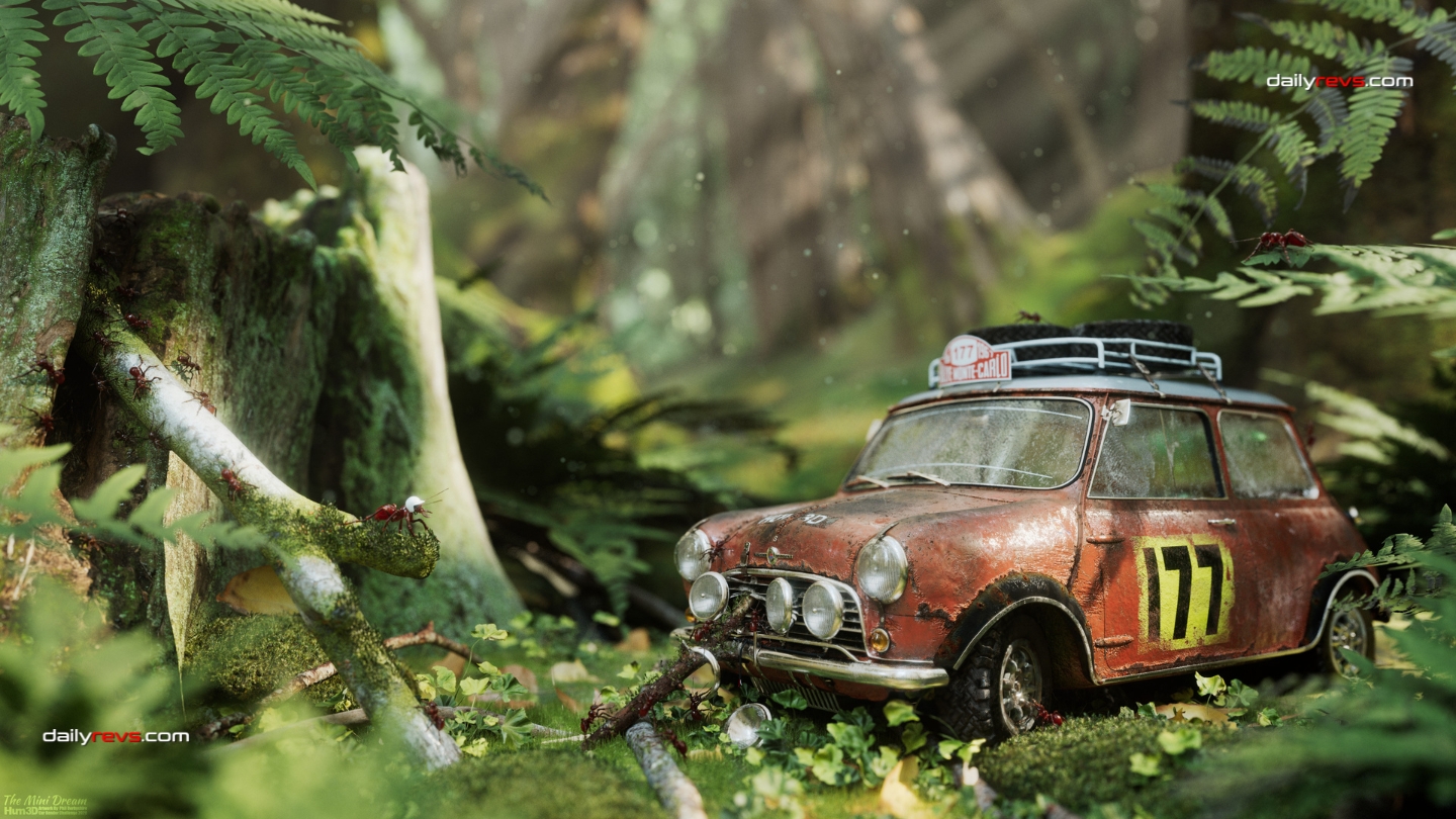 The Mini Dream by Phil Derbyshire – Classic Mini Cooper Rally Car in Forest Weathered red classic Mini Cooper rally car with number 177, auxiliary rally lights, and roof-mounted spare tires sits among ferns, moss, and ants in a miniature forest scene.