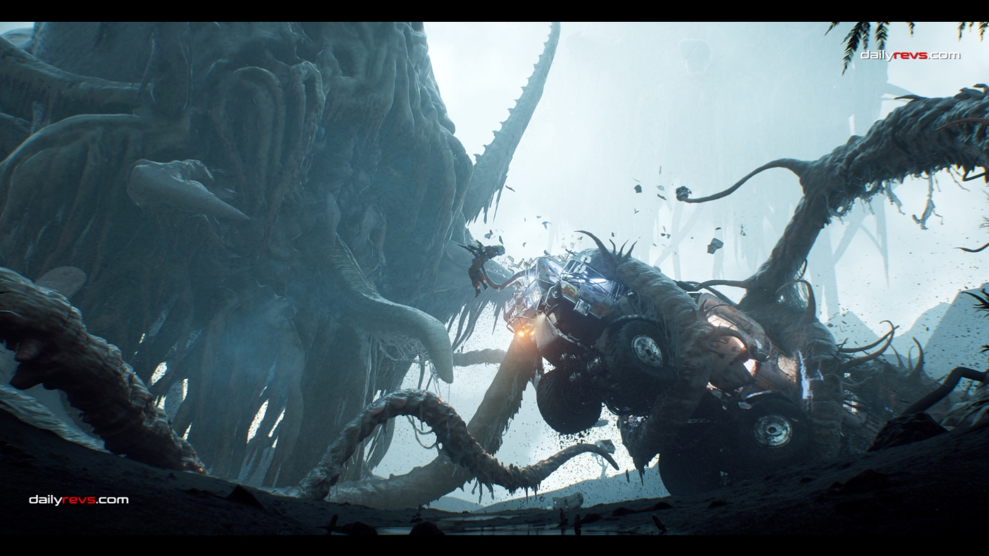 Trespass by Shangyu Wang – Futuristic Off-Road Vehicle in Alien Landscape Futuristic off-road buggy is thrown into the air among enormous twisting alien tree roots in a dramatic science-fiction environment filled with debris.
