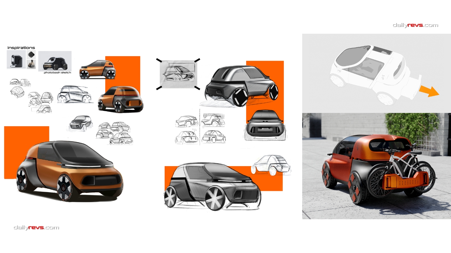 Paweł Olszewski UVESTO electric city car design sketches and extendable rear bicycle carrier concept