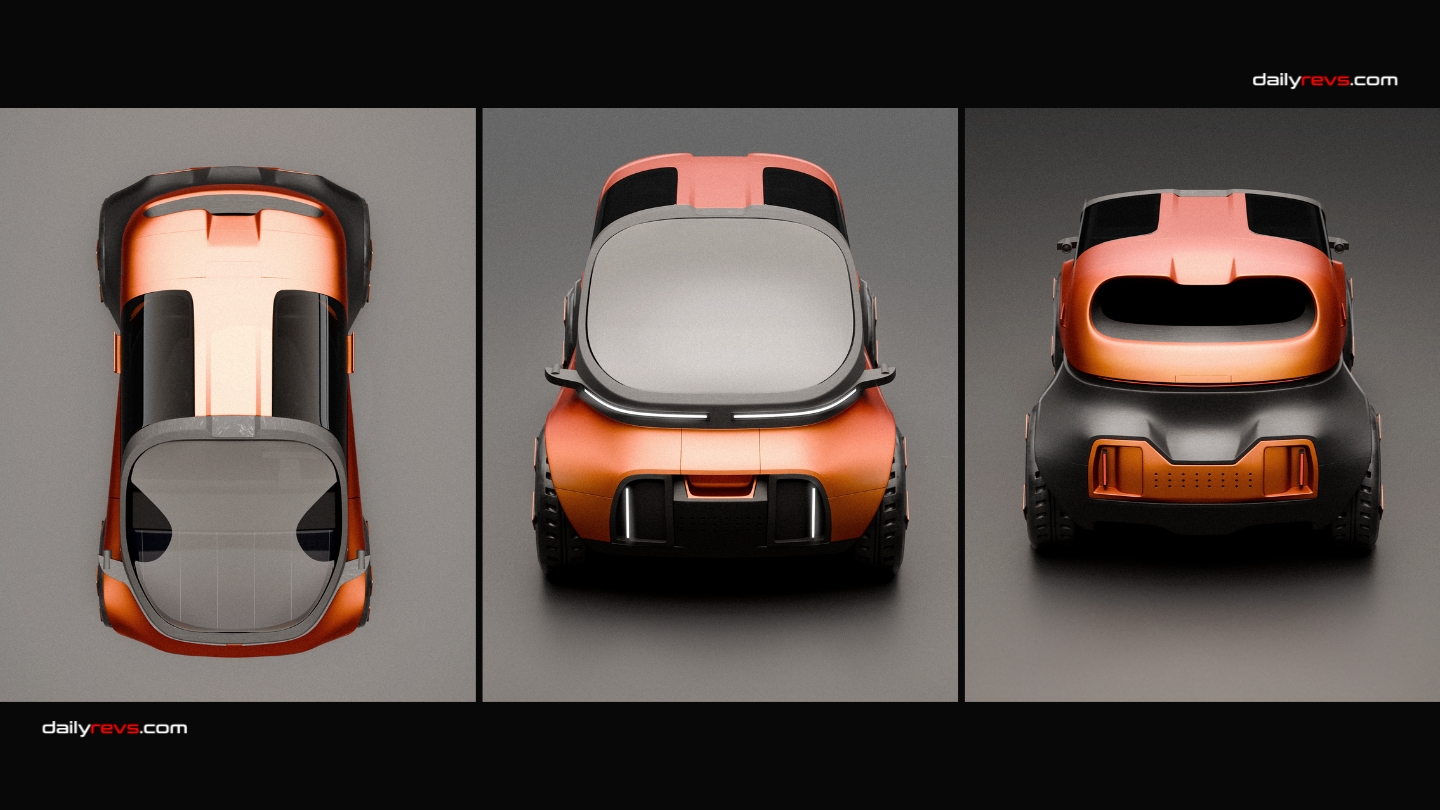UVESTO electric city car concept by Paweł Olszewski shown from top, front and rear