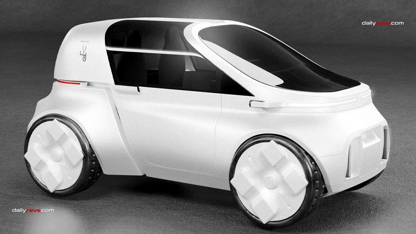 White UVESTO two-seat electric city car concept by Paweł Olszewski shown from the front three-quarter view