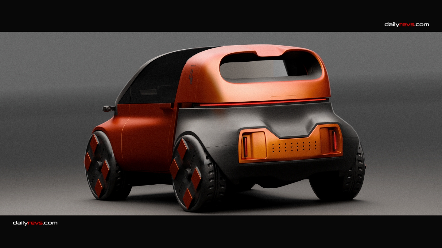 Rear three-quarter view of Paweł Olszewski's UVESTO electric city car concept showing its two-tone body and slim LED taillight