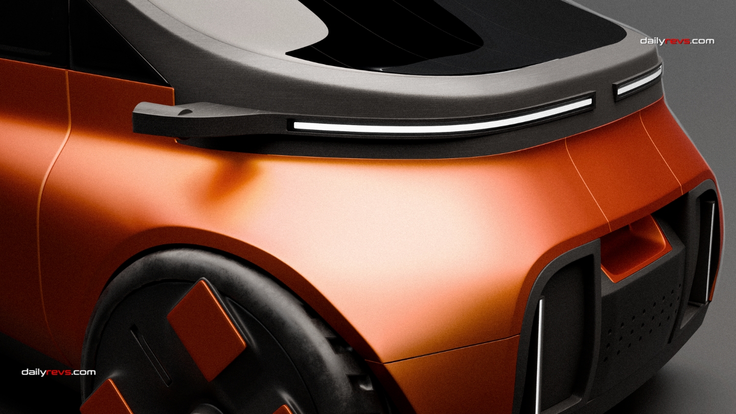 Close-up of the UVESTO electric city car concept by Paweł Olszewski showing its slim LED lights and compact front end