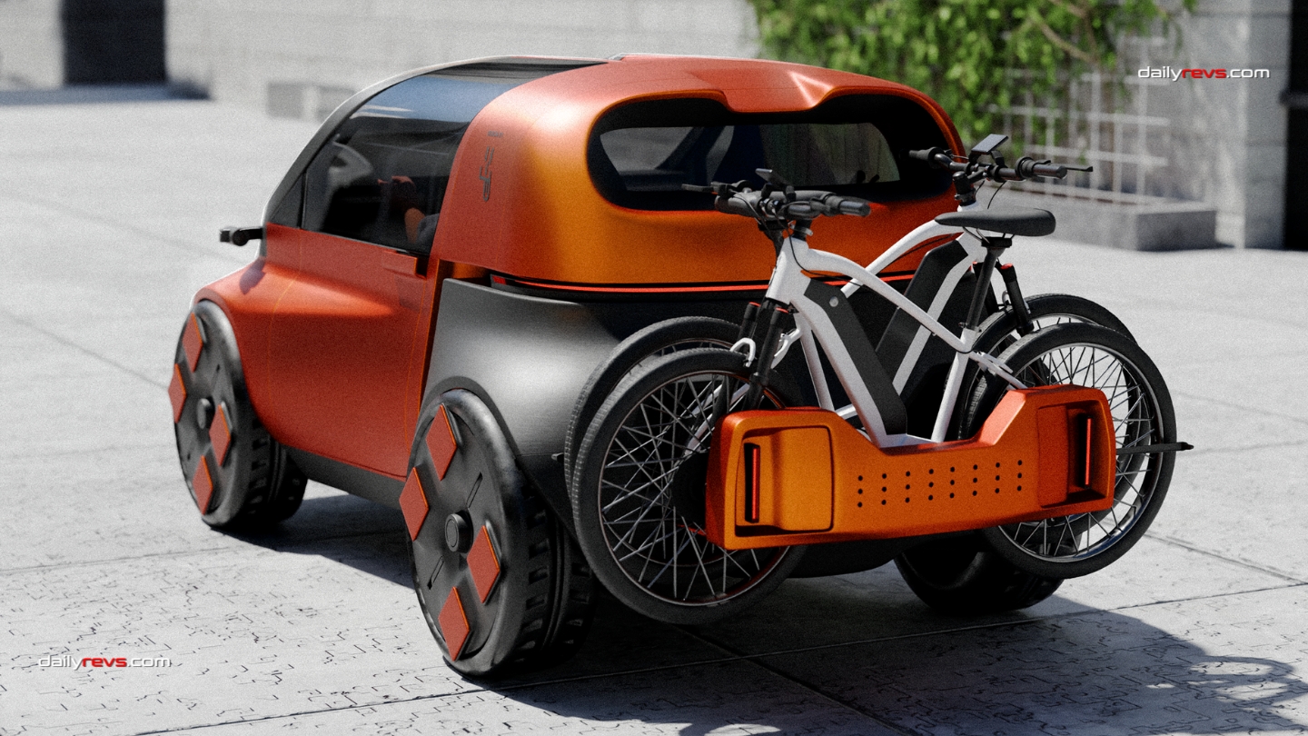 Paweł Olszewski's UVESTO electric city car concept carrying two bicycles on its extendable rear section