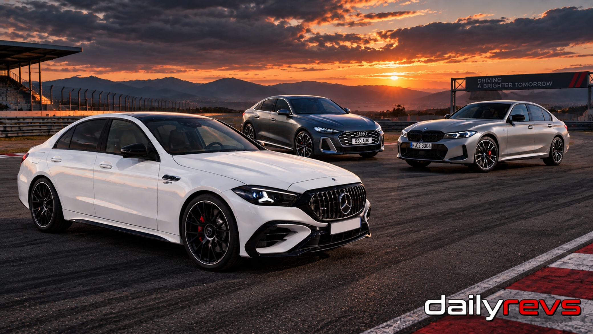 Rendering of C53 AMG's front view in white alongside M340i and S5 Sportback made by DailyRevs Internal Designer