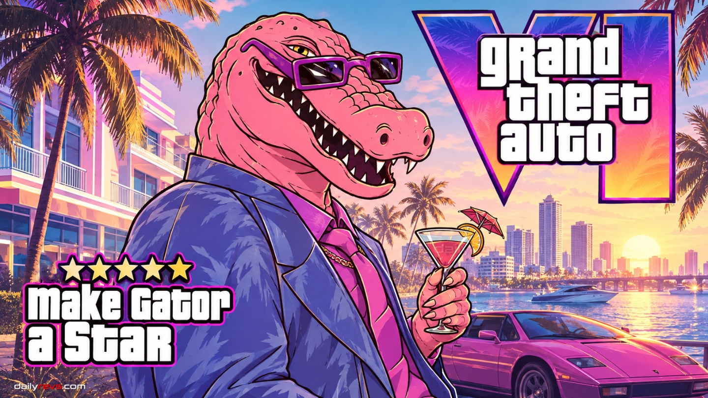 GTA Car Render Challenge 2026 – Florida Alligator in Vintage Racing Car Florida alligator wearing racing goggles and a gold chain sits in a vintage blue and yellow open-wheel race car on a palm-lined Miami street.