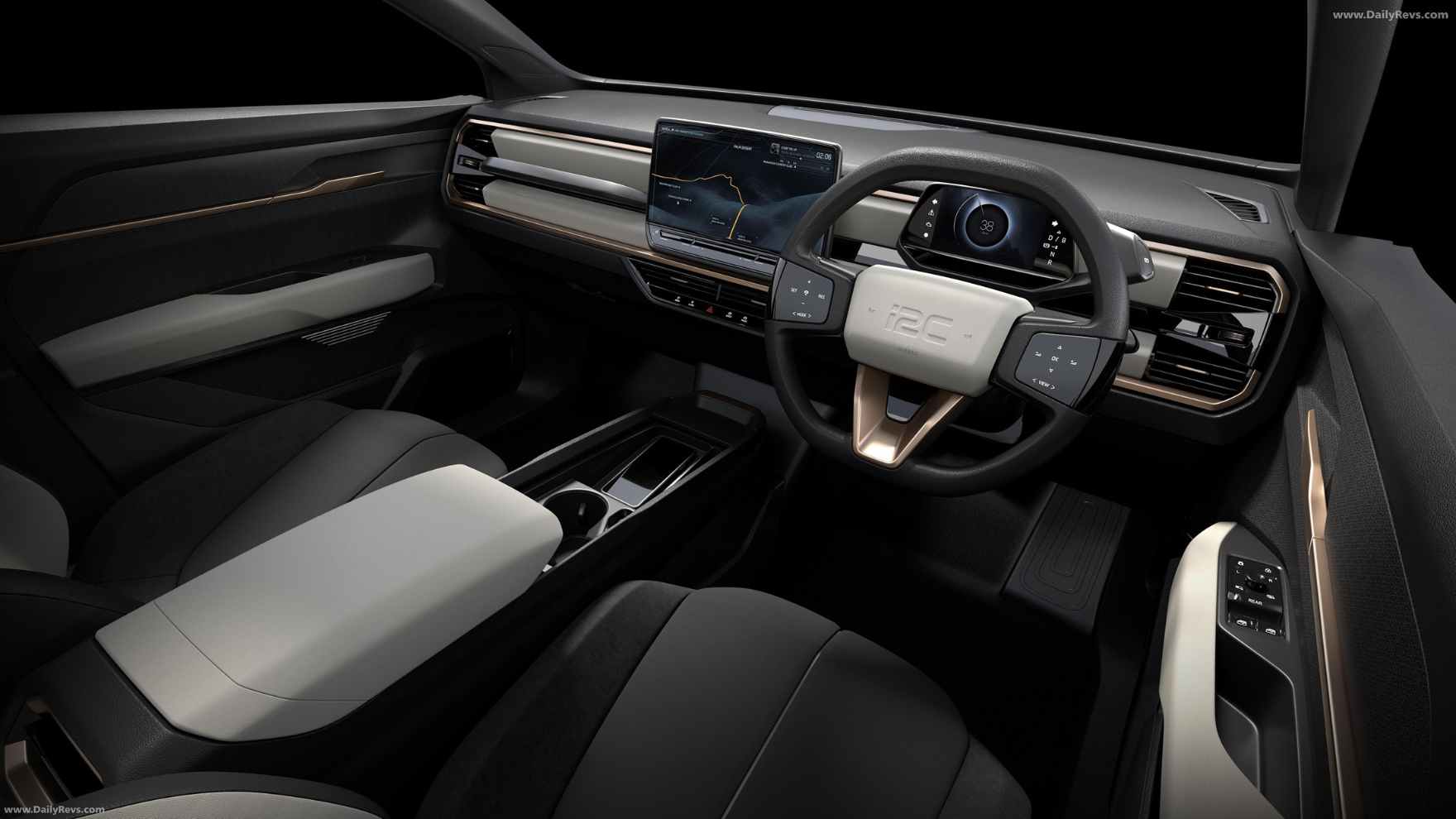 Interior of the i2C SUV with dual digital displays and touch-control steering wheel